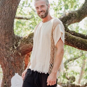 Beige Cotton Tshirt ∆ Boho Clothing Men Tee Shirt ∆ Hippie Gypsy Clothing ∆ Burning Man Ibiza Short Sleeve Tunic ∆ Organic Nomad Man image 3