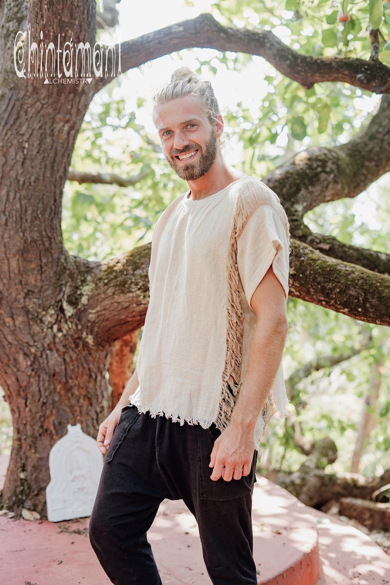 Beige Cotton Tshirt ∆ Boho Clothing Men Tee Shirt ∆ Hippie Gypsy Clothing ∆ Burning Man Ibiza Short Sleeve Tunic ∆ Organic Nomad Man image 3