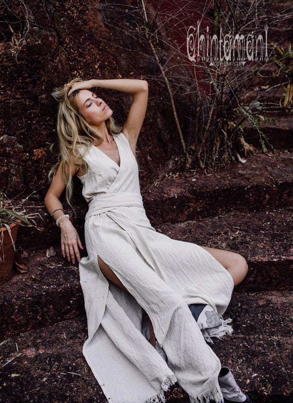 boho kimono maxi dress White ∆ Ibiza Raw Cotton Wrap Dress ∆ Dress ∆ Goddess Organic Dress ∆ Festival Gypsy Wedding Dress Boho / Off White Size:L (10-12) Perfect for a resort bridemaids Women's Plus Size Lenora
