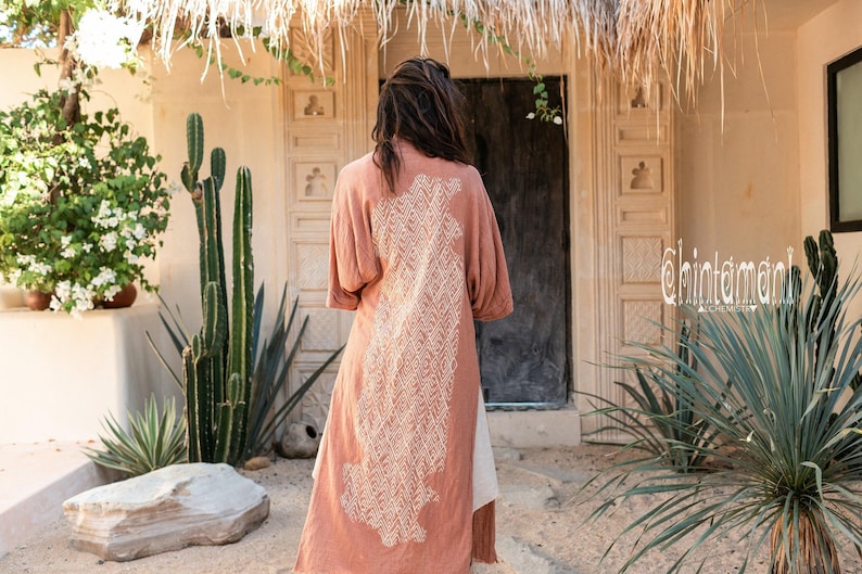 Pink Boho Kimono Cardigan for Women ∆ Bohemian Robe Tribal Ibiza Wrap Cape ∆ Raw Cotton Cover Up Gown by Chintamani Alchemy / Dusty Rose image 2