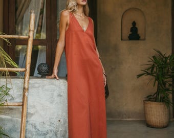 Satin Maxi Dress ∆ Women Goddess Gown ∆ Bohemian Clothes Slip Organic Cotton Dress with Sun Print ∆ Boho Outfit by Chintamani / Red Ochre