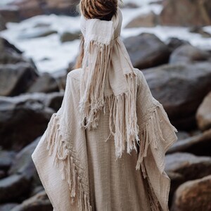 Women Poncho Boho Kimono Robe ∆ Burning Festival Clothes Desert Man Cardigan ∆ Ceremony Bohemian Clothing Blanket Fringe Robe / Off White image 14