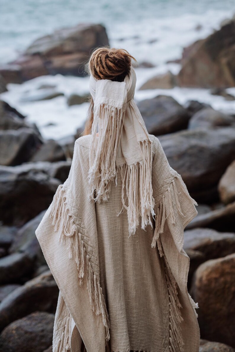 Women Poncho Boho Kimono Robe ∆ Burning Festival Clothes Desert Man Cardigan ∆ Ceremony Bohemian Clothing Blanket Fringe Robe / Off White image 14