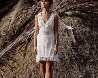 Boho miniklänning med fransar: Off-white bomullsjacquard, Ibiza gudinna-stil