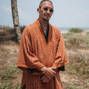 Mens Boho Kimono Cardigan ∆ Raw Cotton Festival Kimono Robe ∆ Desert Man Clothing Spring Kaftan Wrap Jacket ∆ Nomad Bedouin Outfit / Rusty image 4