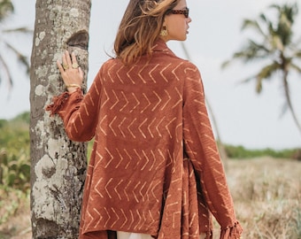 Boho Shawl Cardigan ∆ Women Clothing Kimono Wrap Jacket ∆ Fringe Raw Cotton Festival Top ∆ Summer Robe Bohemian Outfit / Rusty