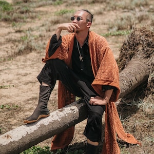 Mens Boho Kimono Cardigan ∆ Raw Cotton Festival Kimono Robe ∆ Desert Man Clothing Spring Kaftan Wrap Jacket ∆ Nomad Bedouin Outfit / Rusty image 7