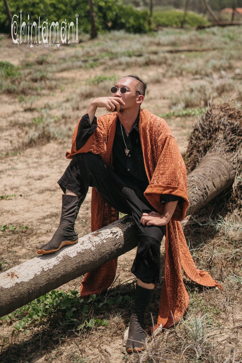 Mens Boho Kimono Cardigan ∆ Raw Cotton Festival Kimono Robe ∆ Desert Man Clothing Spring Kaftan Wrap Jacket ∆ Nomad Bedouin Outfit / Rusty image 7