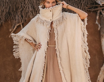 Festival Poncho Coat ∆ Women Bohemian Cardigan Jacket ∆ Raw Cotton Boho Robe ∆ Wide Sleeve Oversized Kimono Wrap Top ∆ Nomad Clothing Outfit