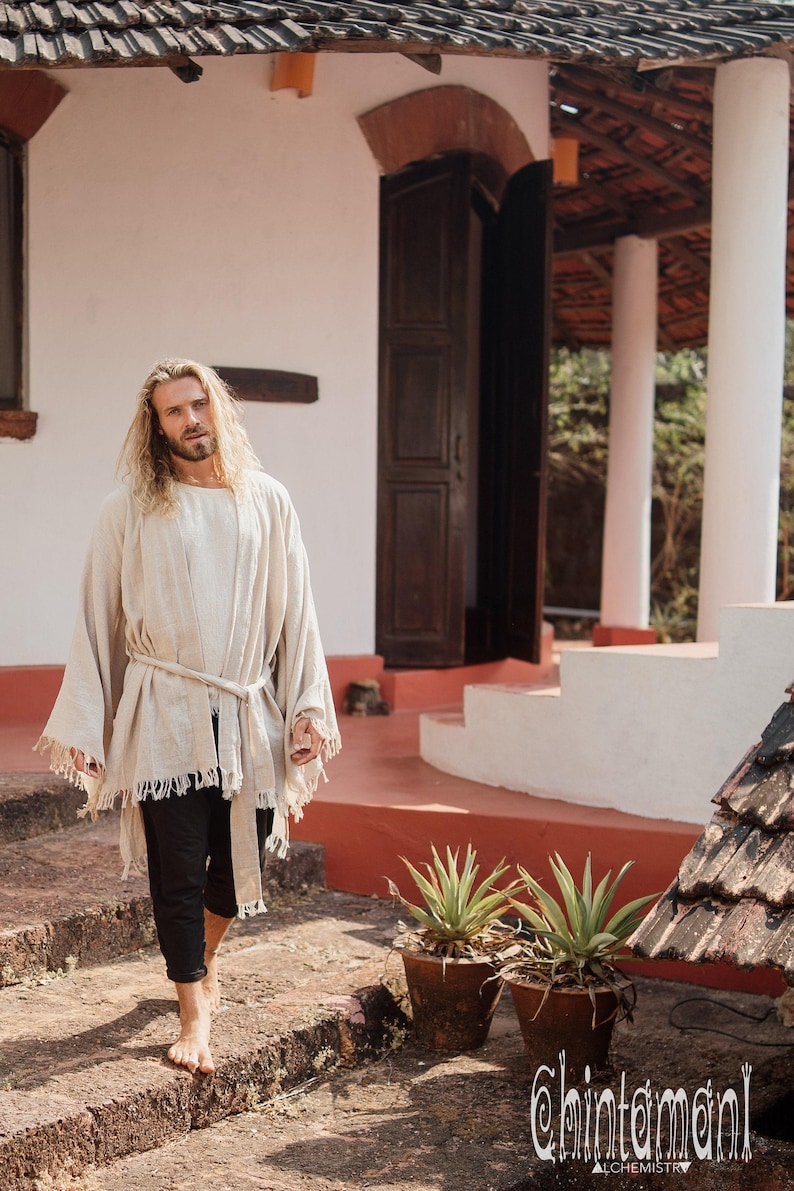 Beige katoenen kimono ∆ Boho kleding voor heren ∆ Hippie kimono vest ∆ Asymmetrische tuniek ∆ Jedi-gewaad ∆ Boho festival cyberpunk outfit afbeelding 3