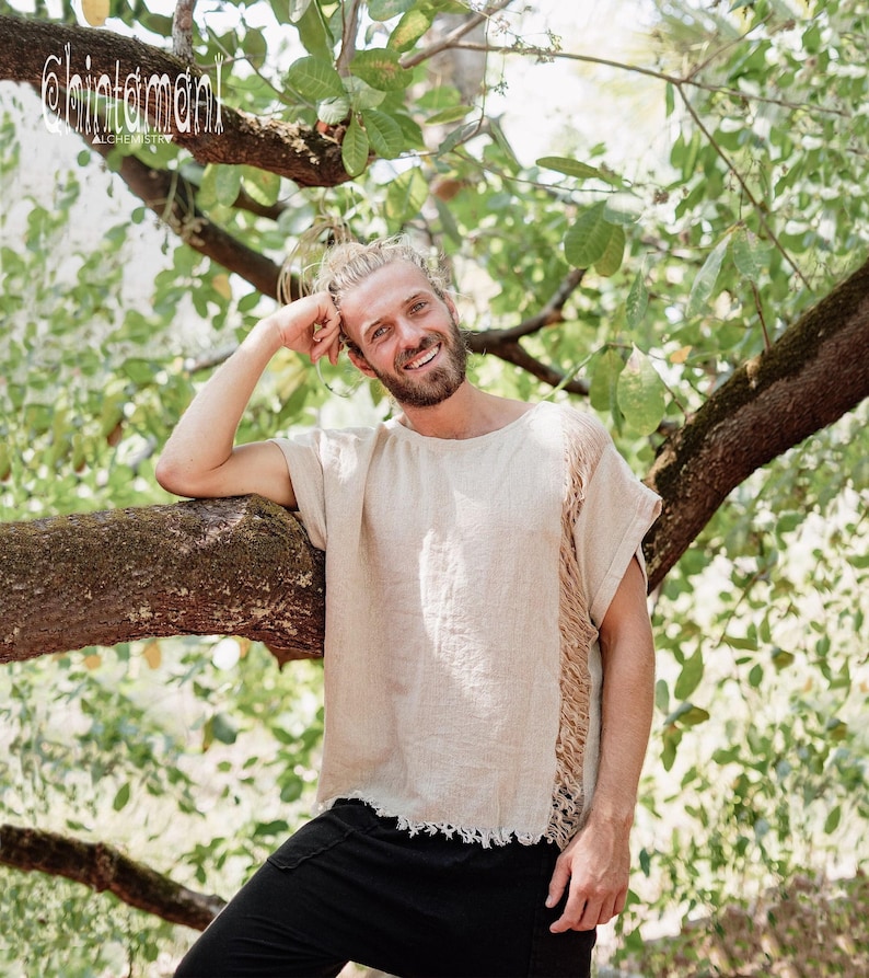 Beige Cotton Tshirt ∆ Boho Clothing Men Tee Shirt ∆ Hippie Gypsy Clothing ∆ Burning Man Ibiza Short Sleeve Tunic ∆ Organic Nomad Man image 1