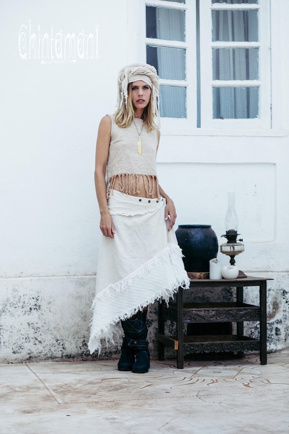 White Boho Skirt ∆ Women Gypsy Bohemian Skirt ∆ Asymmetric Scarf Skirt ∆  Organic Cotton Wrap Skirt ∆ Long Triangle Tribal Skirt Off White