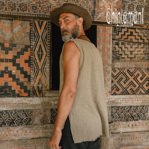 Mens Boho Tank Top ∆ Raw Cotton Hippie Shirt Boho Clothing Men ∆ Goa Gypsy Nomad Tribal Organic Clothes ∆ Vegan Sleeveless Tshirt / Sage image 3
