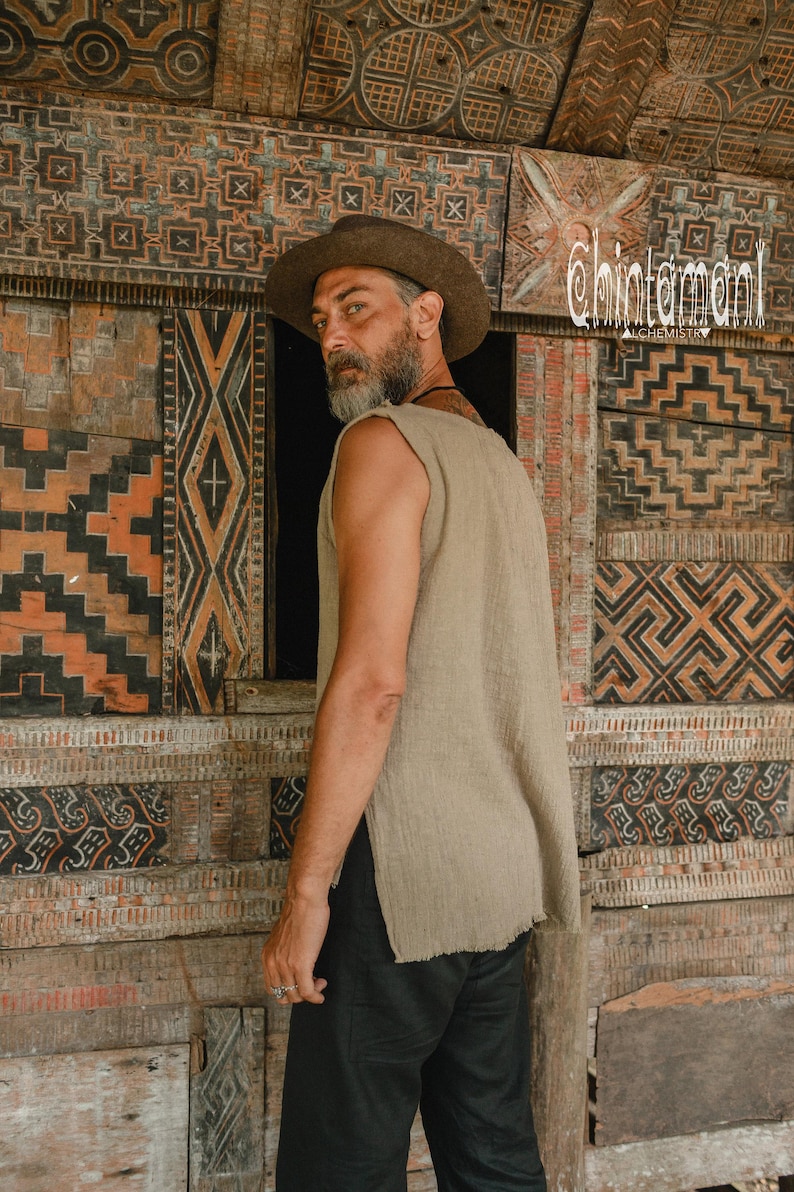 Mens Boho Tank Top ∆ Raw Cotton Hippie Shirt Boho Clothing Men ∆ Goa Gypsy Nomad Tribal Organic Clothes ∆ Vegan Sleeveless Tshirt / Sage image 3