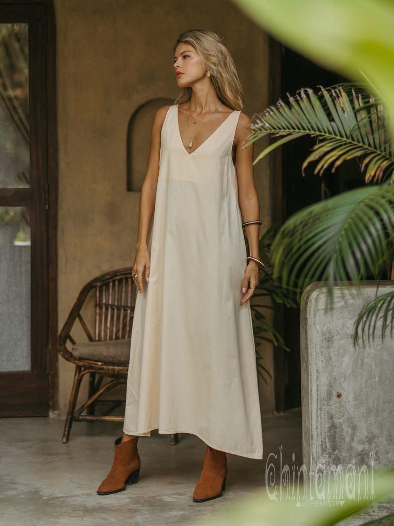 Organic Cotton Boho Dress ∆ Women Maxi Dress ∆ Ceremonial Clothes Cream Modest Dress by Chintamani ∆ Ibiza Bohemian Outfit / Ivory image 2