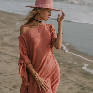 Rosa Gudinna Poncho Klänning ∆ Boho Festivalkläder Sommartunika Strandklänning ∆ Loungeklänning ∆ Hållbar Plus Size Klänning / Rosa bild 13
