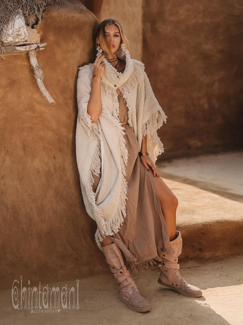 Festivalponcho ∆ Dam Boho Kofta Jacka ∆ Rå Bomull Boho Morgonrock ∆ Vidärmad Överdimensionerad Kimono Omlotttopp ∆ Nomadkläder Outfit bild 4