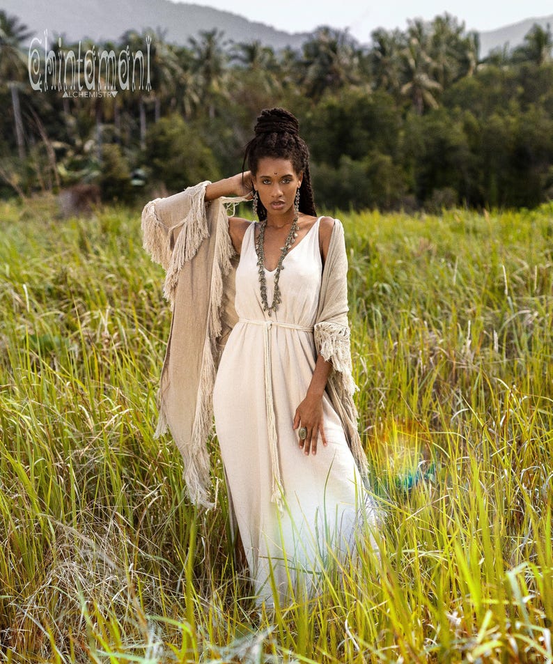 Boho Shawl ∆ Fringe Bohemian Scarf Women ∆ Hippie Boho Clothing Organic Shawl ∆ Eco Earthy Gypsy Triangle Cotton Scarf Wrap Cover Up / Sage image 1