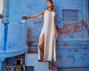 Organic Cotton Dress ∆ Boho Clothing Women Maxi Tank Dress ∆ Tribal Goddess Dress Geometric High Slit Gown ∆ Cocktail Resort Wear / Grey