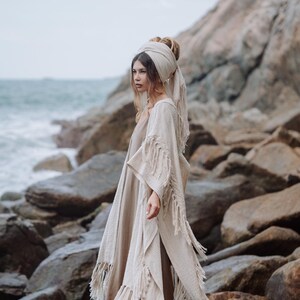 Women Poncho Boho Kimono Robe ∆ Burning Festival Clothes Desert Man Cardigan ∆ Ceremony Bohemian Clothing Blanket Fringe Robe / Off White image 15
