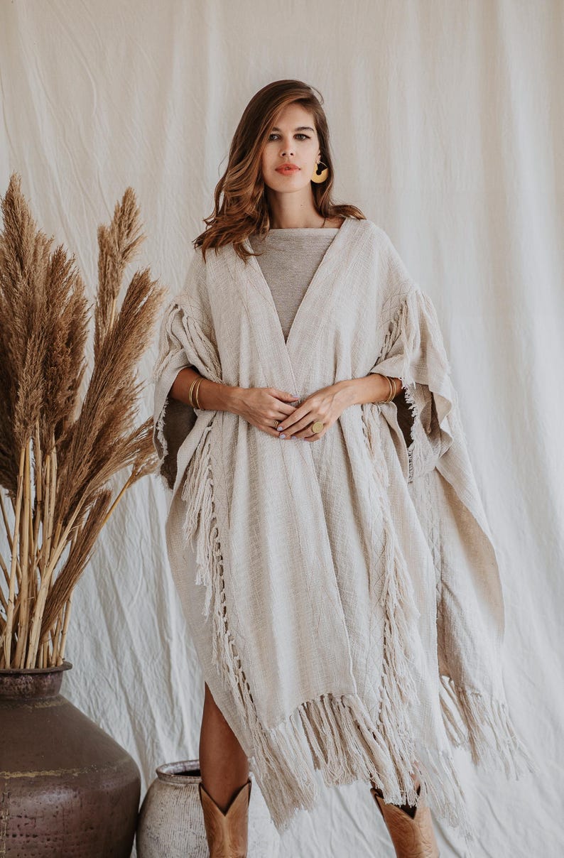 Women Poncho Boho Kimono Robe ∆ Burning Festival Clothes Desert Man Cardigan ∆ Ceremony Bohemian Clothing Blanket Fringe Robe / Off White image 10