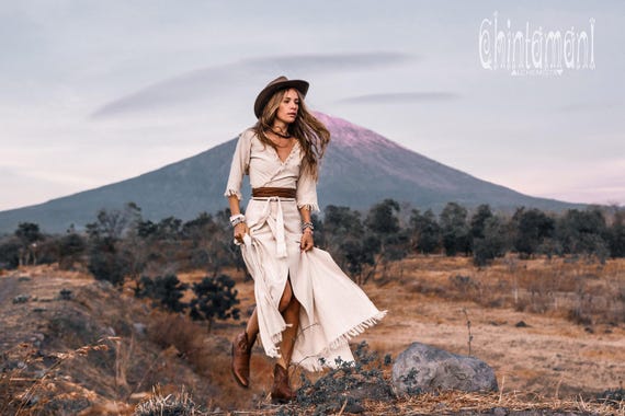 3 4 sleeve boho maxi dress Wrap Women ∆ White Dress 3/4 ∆ Organic Clothing Wedding Western Dress ∆ Long Fringe Raw Cotton Dress related_3856 In My Mind | Size:EU 48 | US 18 | UK 20 and relaxed moments