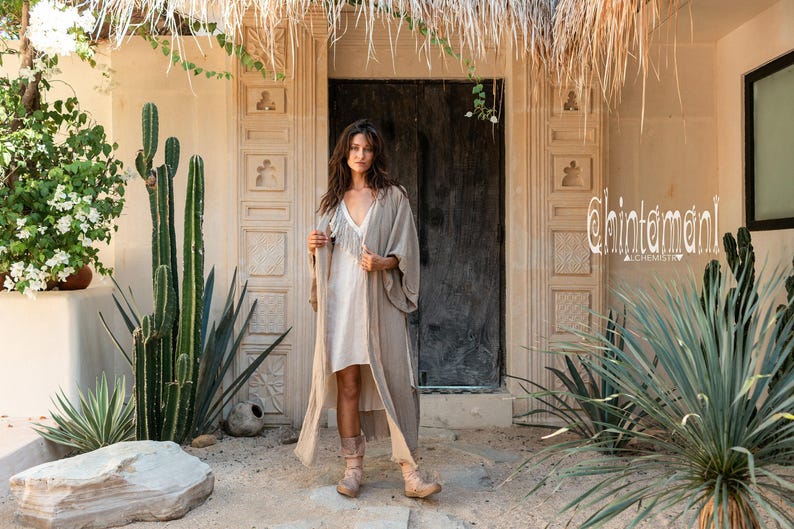 Raw Cotton Kimono Robe ∆ Women Boho Wrap Cardigan Top ∆ Maxi Bohemian Kimono Jacket ∆ Gypsystyle Clothing ∆ Ibiza Cape Beach Cover Up / Sage image 8