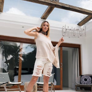 アシンメトリーボヘミアントップス ∆ コットンポンチョ レディース オーバーサイズTシャツ ∆ ローコットンチュニック ∆ オーガニッククロージング ヒッピーTシャツ ∆ リップドブラウス / ベージュ 画像 3