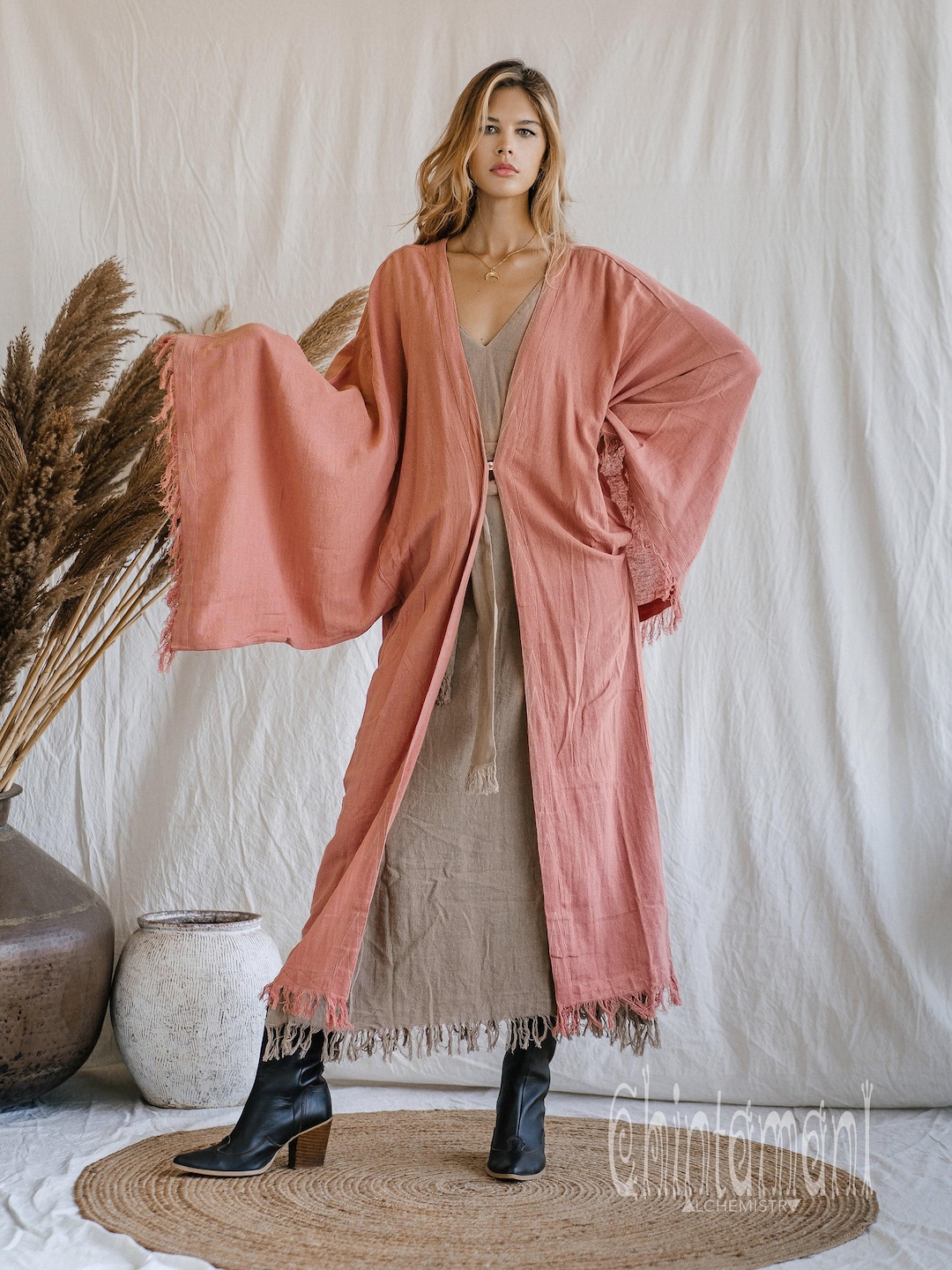 Pink Goddess Kimono Robe ∆ Women Boho Wedding Guest Oversized Cardigan ...
