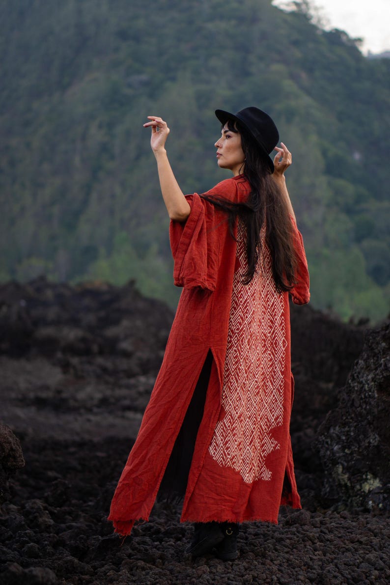 Bata kimono de algodón crudo ∆ Chaqueta cruzada tipo cárdigan bohemio ∆ Vestido maxi bohemio ∆ Top gitano de estilo tribal ∆ Vestido playero Miami Long Beach / Ocre rojo imagen 14