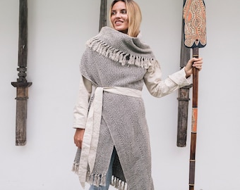 Blanket Boho Coat ∆ Women Clothes Bohemian Poncho ∆ Tribal Clothing Fringe Jacket ∆ Elf Stripped Long Cardigan Wrap Cover/ Black & White