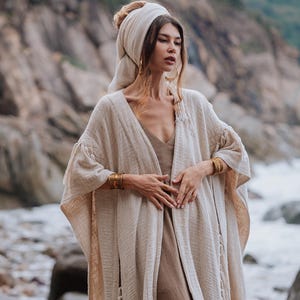 Women Poncho Boho Kimono Robe ∆ Burning Festival Clothes Desert Man Cardigan ∆ Ceremony Bohemian Clothing Blanket Fringe Robe / Off White image 16