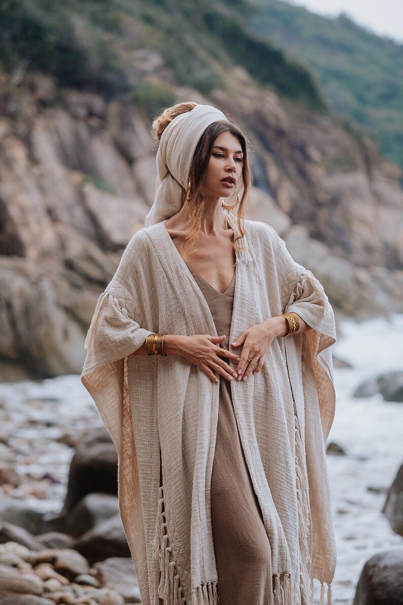 Women Poncho Boho Kimono Robe ∆ Burning Festival Clothes Desert Man Cardigan ∆ Ceremony Bohemian Clothing Blanket Fringe Robe / Off White image 16