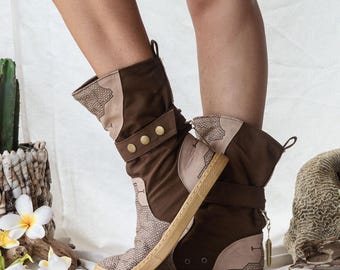 Vegan Shoes Women ∆ Cotton Canvas High Boots ∆ Organic Vegan Clothing ∆ Sacred Shipibo Sandals ∆ Ibiza Hippie Canvas Boots / Unisex
