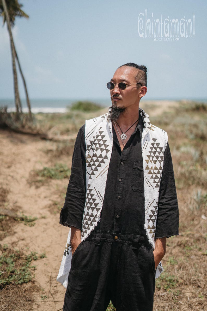Burner Boho Väst ∆ Herr Ärmlös Jacka ∆ Festivalkläder Tunika Tribal Herrkläder ∆ Goa Tulum Outfit ∆ Hög Låg Långärmad Linne bild 3