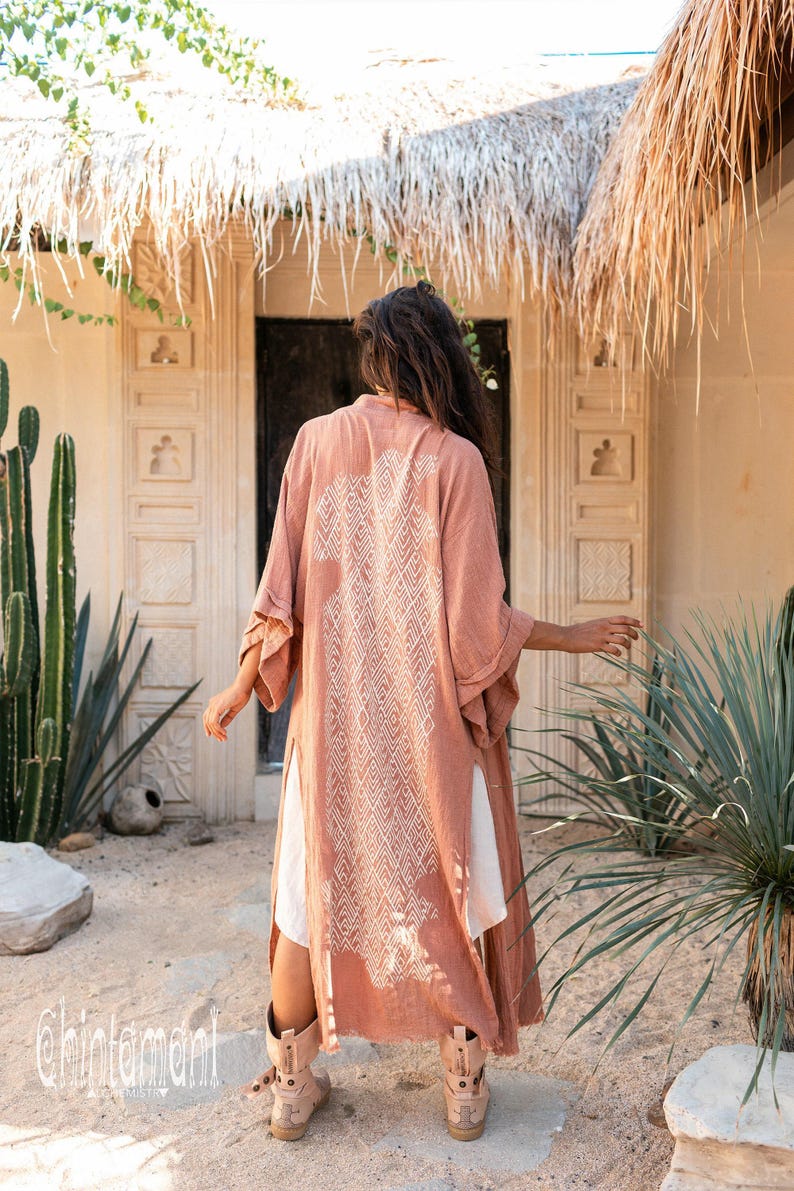Pink Boho Kimono Cardigan for Women ∆ Bohemian Robe Tribal Ibiza Wrap Cape ∆ Raw Cotton Cover Up Gown by Chintamani Alchemy / Dusty Rose image 9