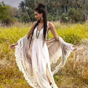 Boho Shawl ∆ Fringe Bohemian Scarf Women ∆ Hippie Boho Clothing Organic Shawl ∆ Eco Earthy Gypsy Triangle Cotton Scarf Wrap Cover Up / Sage image 8