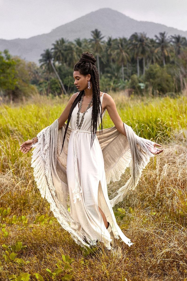 Boho Shawl ∆ Fringe Bohemian Scarf Women ∆ Hippie Boho Clothing Organic Shawl ∆ Eco Earthy Gypsy Triangle Cotton Scarf Wrap Cover Up / Sage image 8