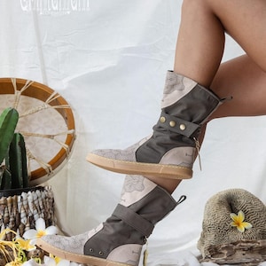 Botas veganas boho para mujer ∆ Zapatos hippies de lona de algodón ∆ Botas altas para festivales ∆ Botas tribales del desierto indio Shipibo / Unisex / 2 colores imagen 10