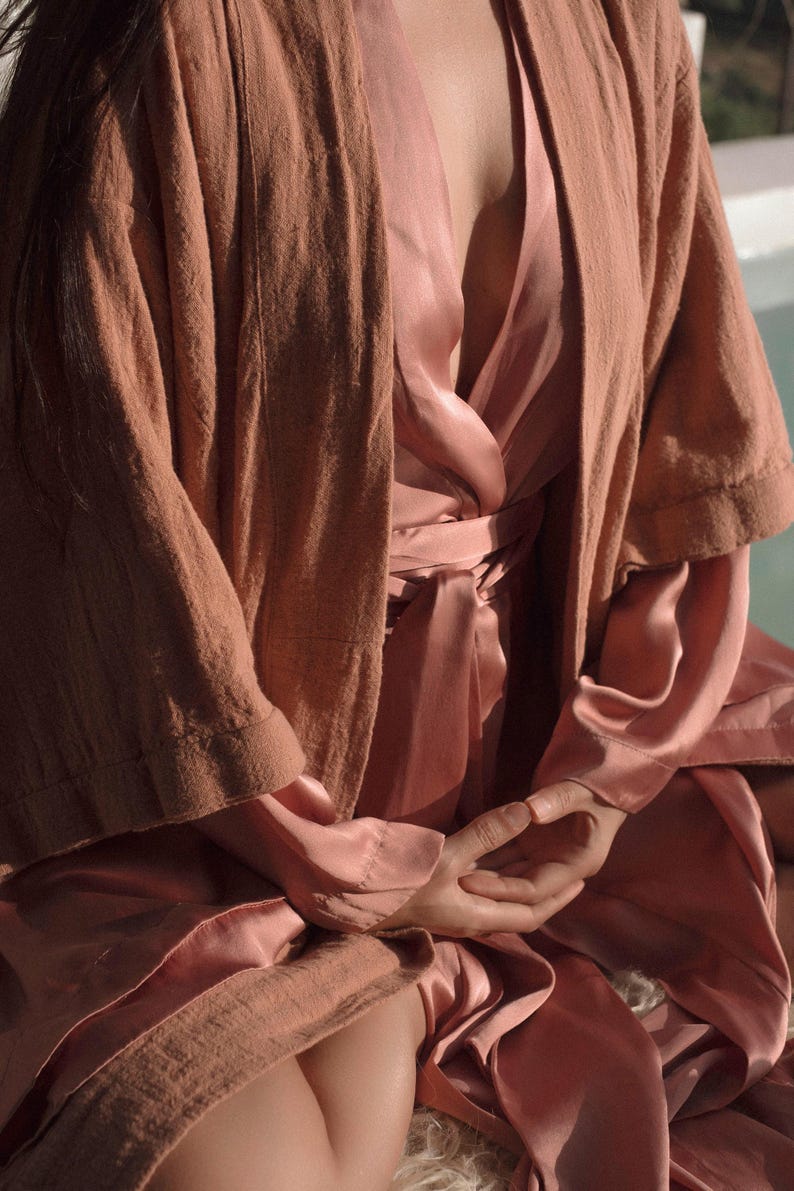Pink Boho Kimono Cardigan for Women ∆ Bohemian Robe Tribal Ibiza Wrap Cape ∆ Raw Cotton Cover Up Gown by Chintamani Alchemy / Dusty Rose image 15