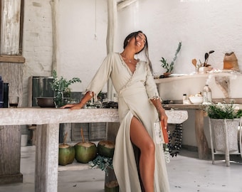 Długa sukienka boho z kopertowym dekoltem dla kobiet ∆ Odzież boho Sukienka maxi ∆ Organiczna sukienka boho ∆ Suknia z frędzlami z bawełny ∆ Sukienka letniej bogini / szałwiowa