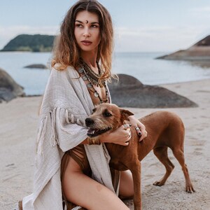 Women Poncho Boho Kimono Robe ∆ Burning Festival Clothes Desert Man Cardigan ∆ Ceremony Bohemian Clothing Blanket Fringe Robe / Off White image 7