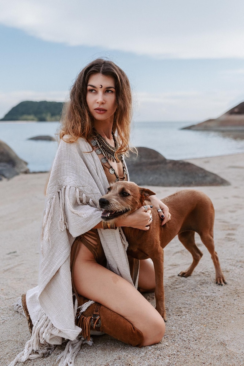 Women Poncho Boho Kimono Robe ∆ Burning Festival Clothes Desert Man Cardigan ∆ Ceremony Bohemian Clothing Blanket Fringe Robe / Off White image 7