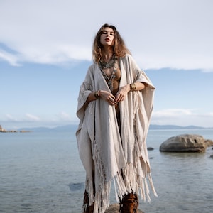 Women Poncho Boho Kimono Robe ∆ Burning Festival Clothes Desert Man Cardigan ∆ Ceremony Bohemian Clothing Blanket Fringe Robe / Off White image 1