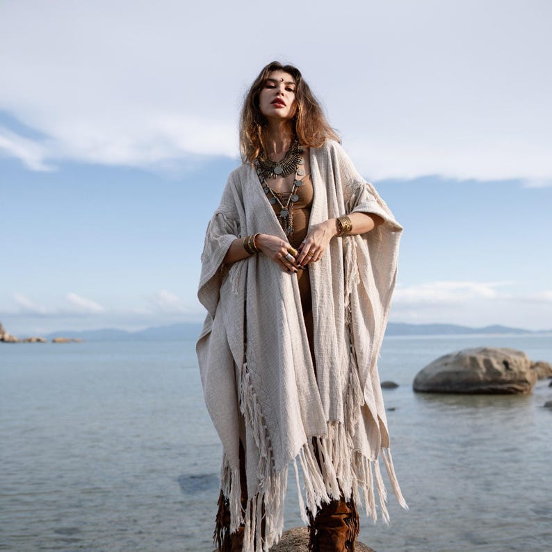 Women Poncho Boho Kimono Robe ∆ Burning Festival Clothes Desert Man Cardigan ∆ Ceremony Bohemian Clothing Blanket Fringe Robe / Off White image 1