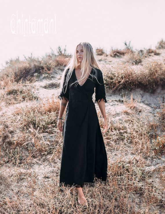 black cotton dress with 3 4 sleeves Womens 3/4 Sleeve Cotton Midi Dress Loose Fit A-Line Casual Black with  Pockets,Size M