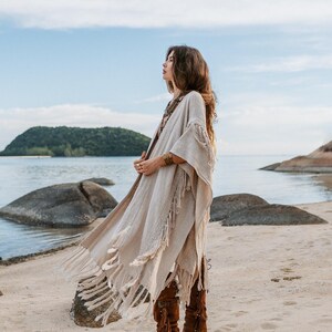 Women Poncho Boho Kimono Robe ∆ Burning Festival Clothes Desert Man Cardigan ∆ Ceremony Bohemian Clothing Blanket Fringe Robe / Off White image 3