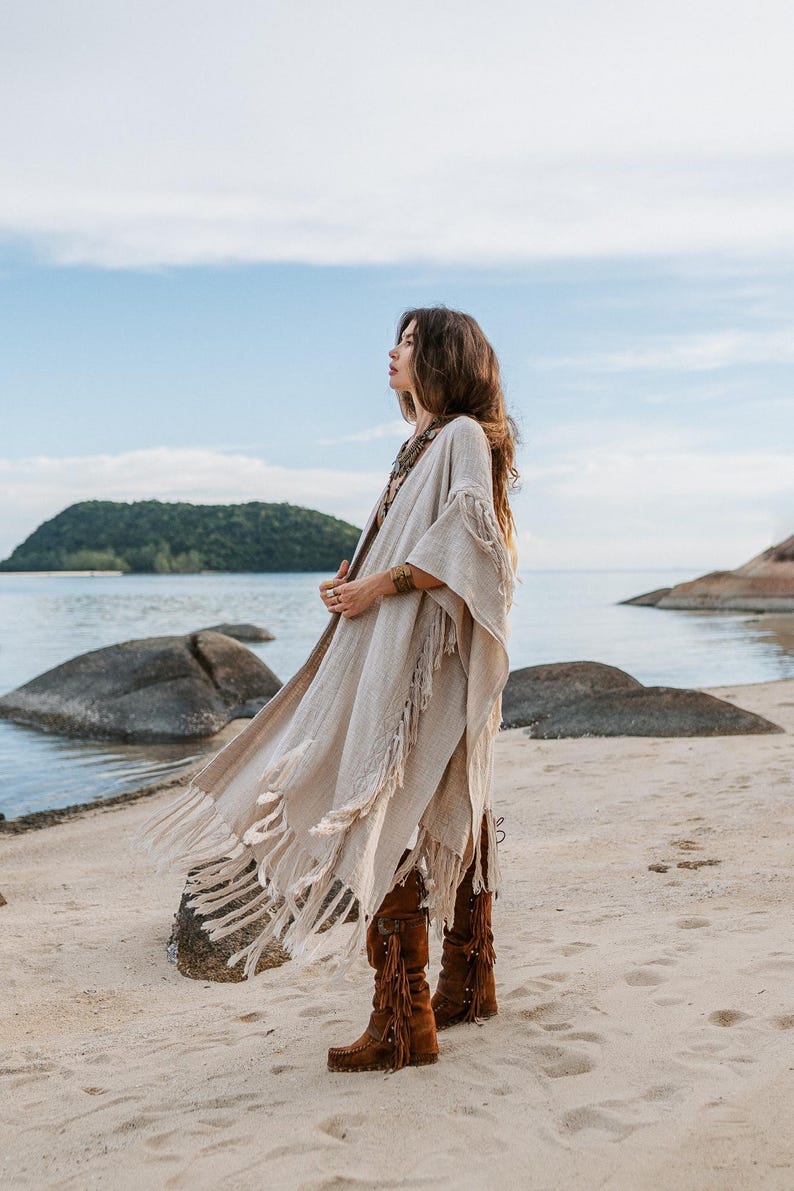 Women Poncho Boho Kimono Robe ∆ Burning Festival Clothes Desert Man Cardigan ∆ Ceremony Bohemian Clothing Blanket Fringe Robe / Off White image 3