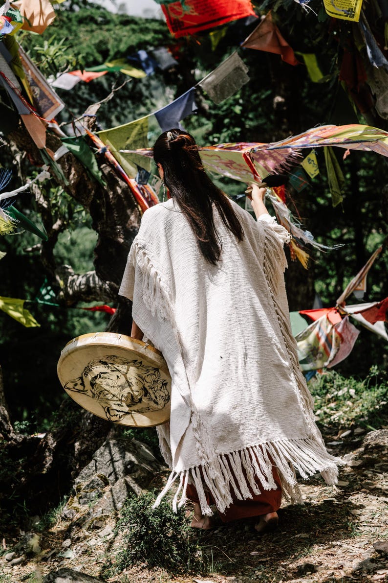 Women Poncho Boho Kimono Robe ∆ Burning Festival Clothes Desert Man Cardigan ∆ Ceremony Bohemian Clothing Blanket Fringe Robe / Off White image 18