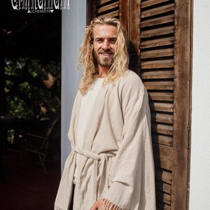 Beige katoenen kimono ∆ Boho kleding voor heren ∆ Hippie kimono vest ∆ Asymmetrische tuniek ∆ Jedi-gewaad ∆ Boho festival cyberpunk outfit afbeelding 2